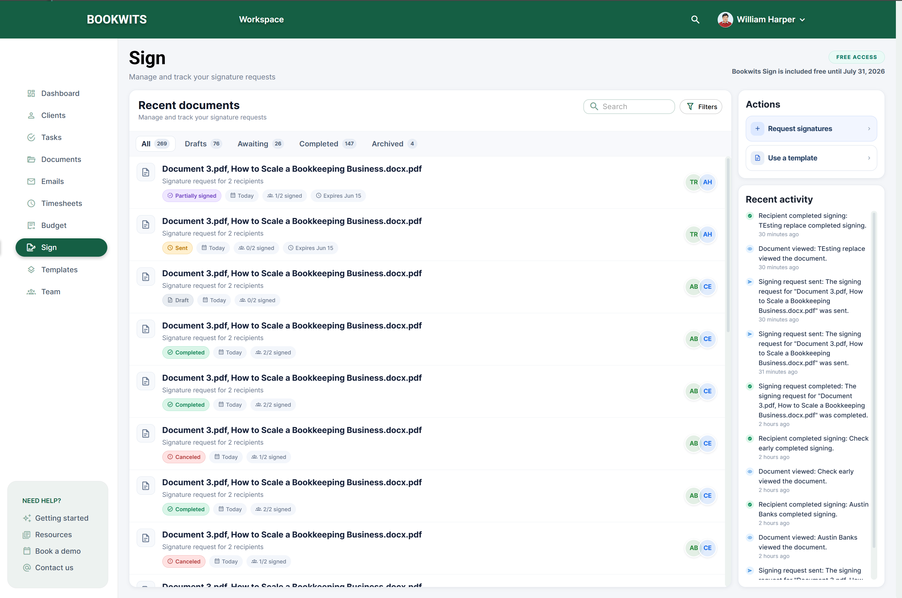Tableau des demandes de signature Bookwits Sign