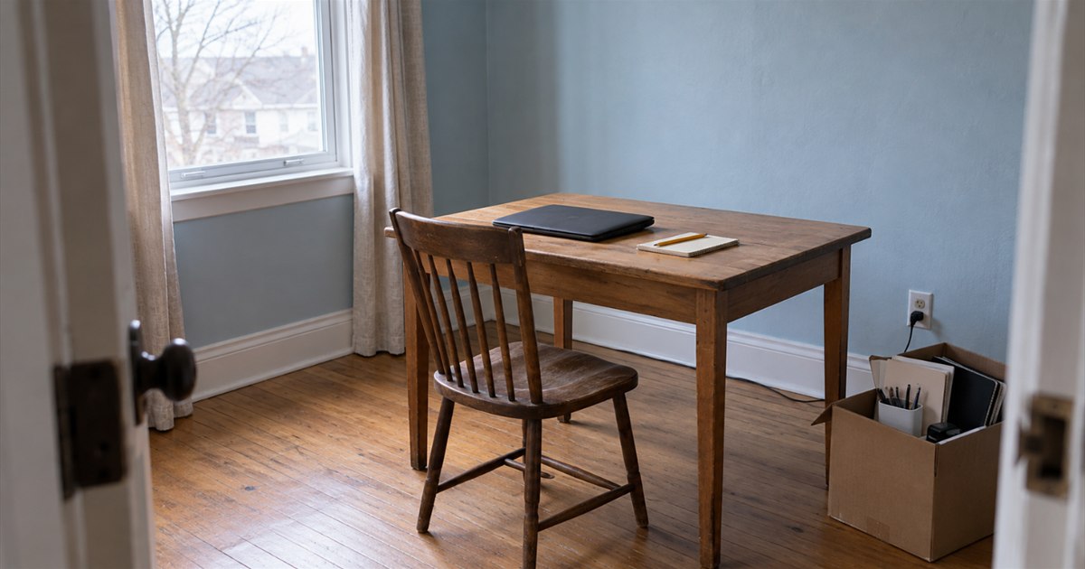 Simple home-office desk with a closed laptop, notebook and pencil beside a window
