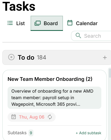 Task Board: an example status column and its task cards