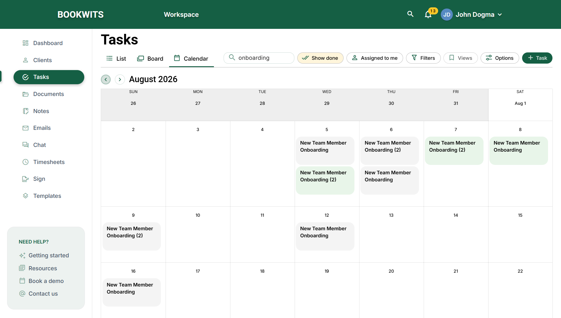 Task Calendar: populated August 2026 example with matching onboarding tasks