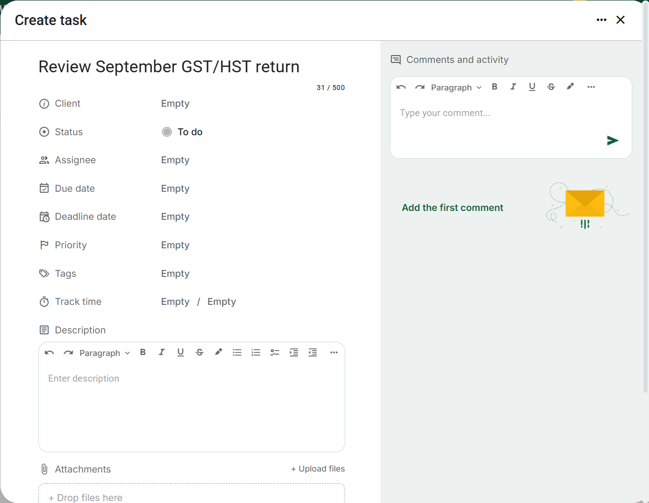 Create task: an actionable title, client, status, assignee and separate dates