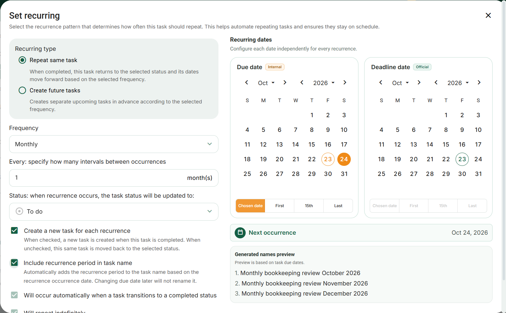 Recurring-task draft: separate dates, new occurrences and period naming