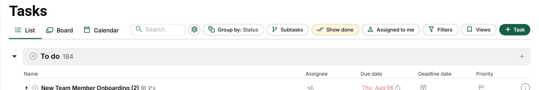 Internal tasks: List, Board, Calendar and view controls