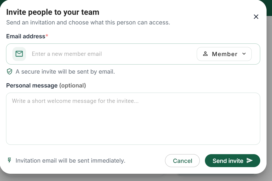 Team invitation: email, role and optional personal message