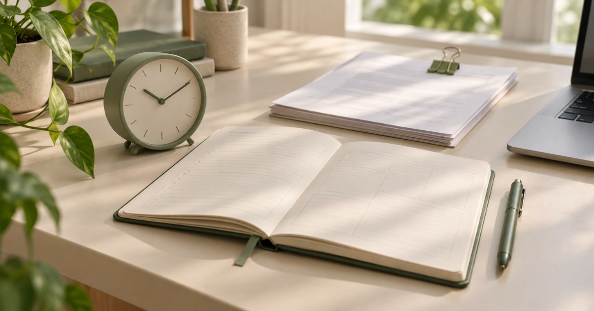 A desk clock beside an open notebook, pen and clipped paperwork.