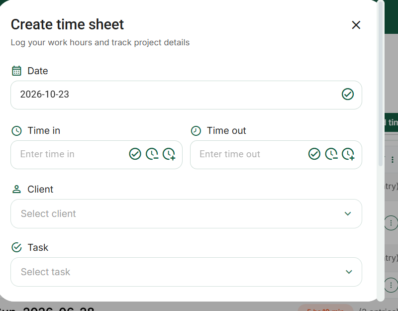 Manual time entry: date, time in/out and work connections