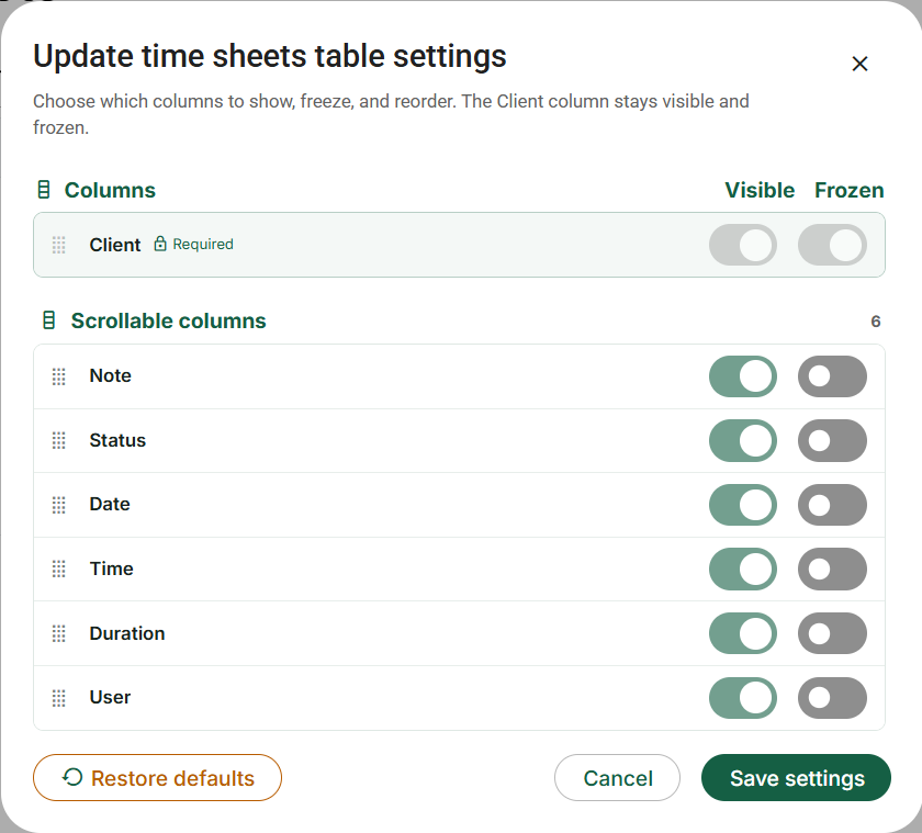 Timesheets: required Client column and configurable work columns