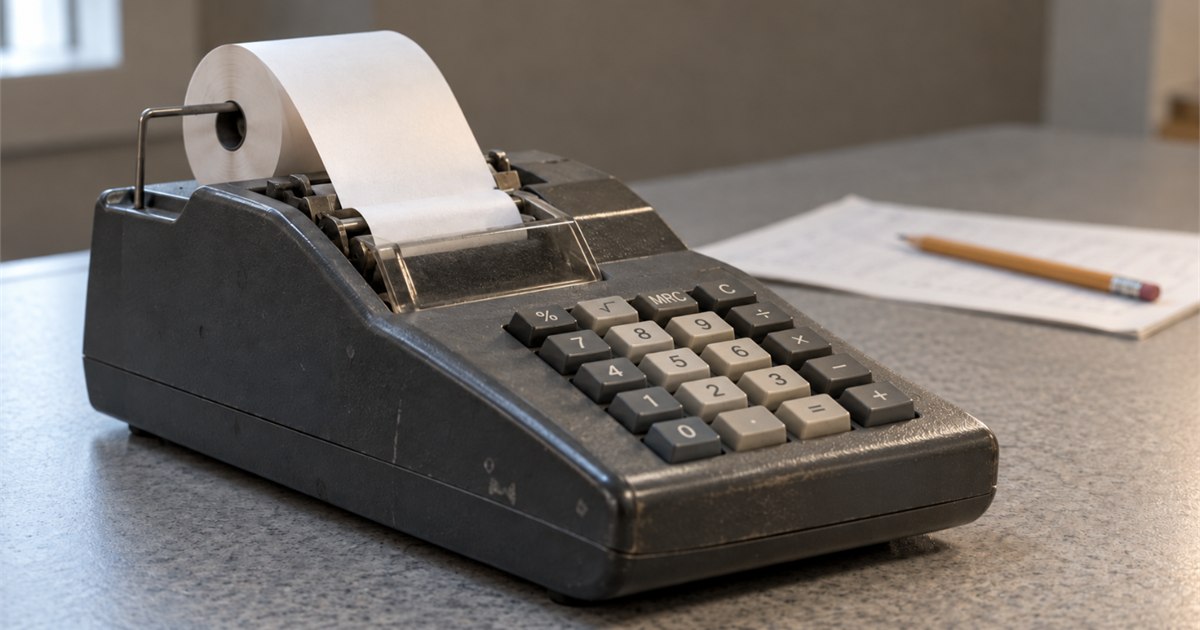 A vintage adding machine with a paper roll beside a pencil and notebook