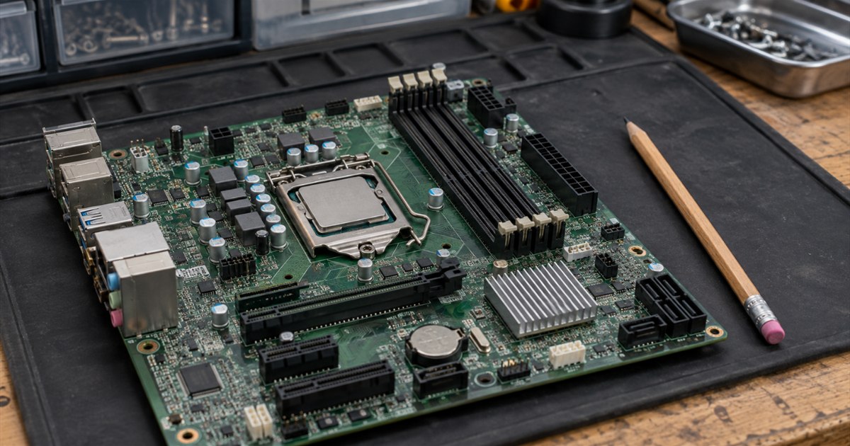 Computer motherboard beside a pencil on a wooden workbench