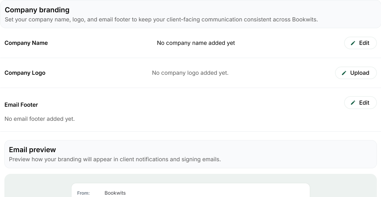 Company branding: separate firm-name, logo and email-footer controls
