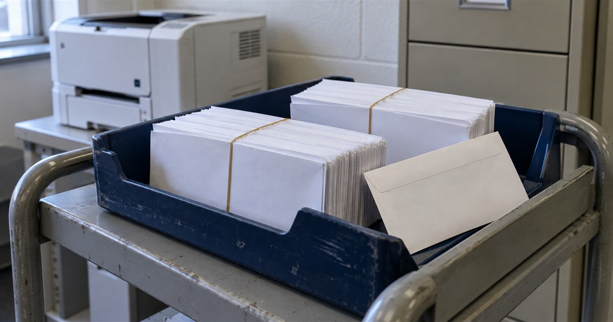 Liasses d’enveloppes sans inscriptions dans un bac à courrier près d’une imprimante et d’un classeur